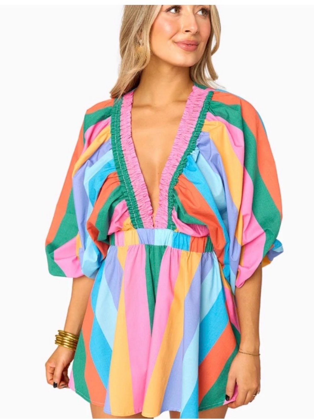 Buddy Love Multicolor Stripe Deep-V Romper — Pink, Green, Blue, Orange, Yellow